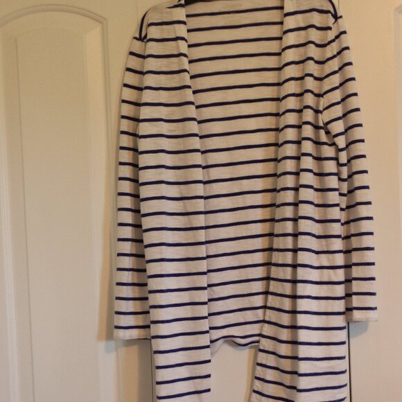 Chico's Sweaters - Chico's Size 0 (Small) Knit White Blue Striped Open Front Cardigan Asymmetric